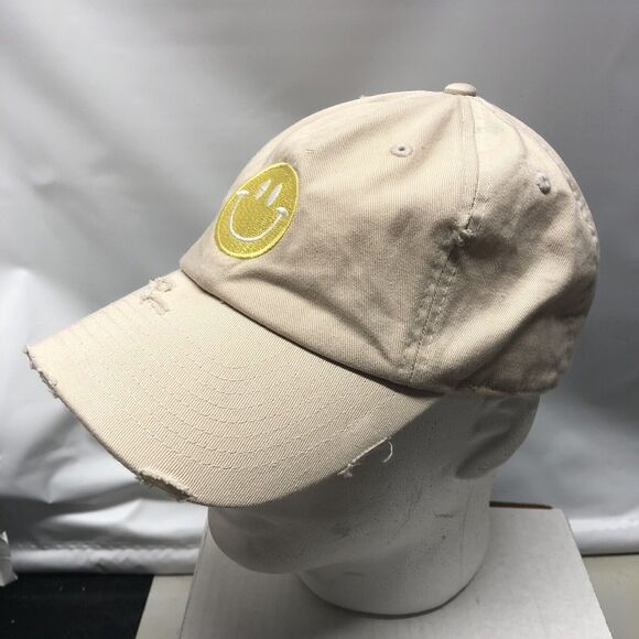 Distressed Smiley Face Dad Hat Tan Embroidered Baseball Cap Happy Face Kbethos - Picture 8 of 11